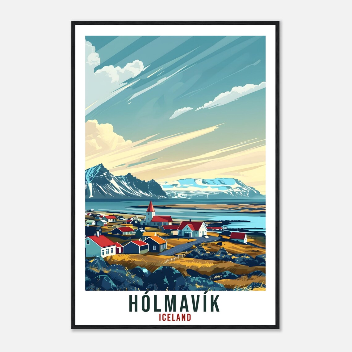 Holmavik Iceland Church Village Vintage Travel Fjord Art Poster - Image 2
