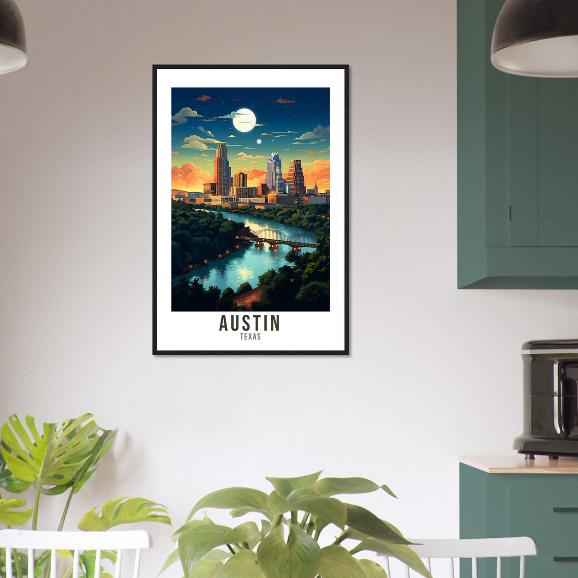 Austin Texas Moonlit Skyline River Bridge Night Scene Poster - Image 4