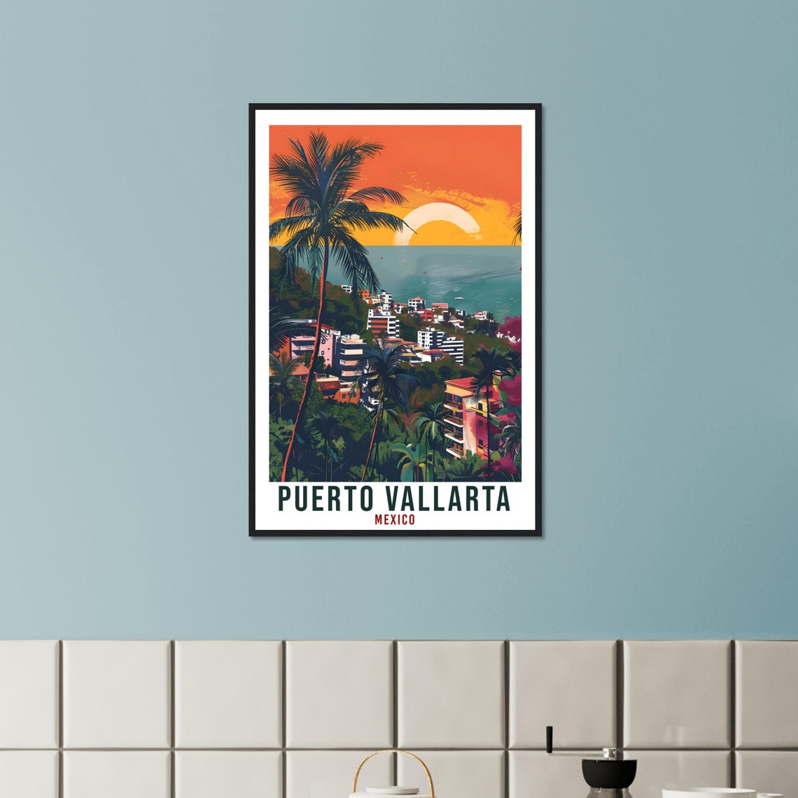 Puerto Vallarta Mexico Palm Tree Sunset Retro Bay Travel Poster - Image 2