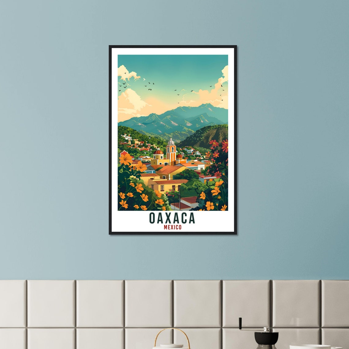 Oaxaca Mexico Colonial Town Church Dome Mountains Flower Foreground Poster - Image 2
