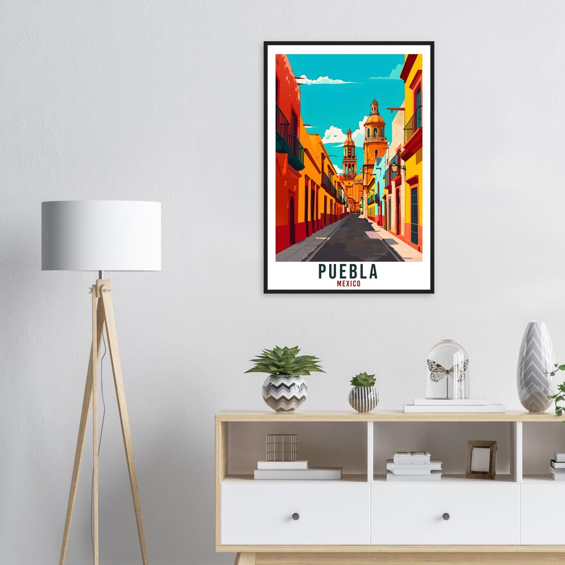 Puebla Mexico Colorful Colonial Street Church Towers Travel Poster - Image 2