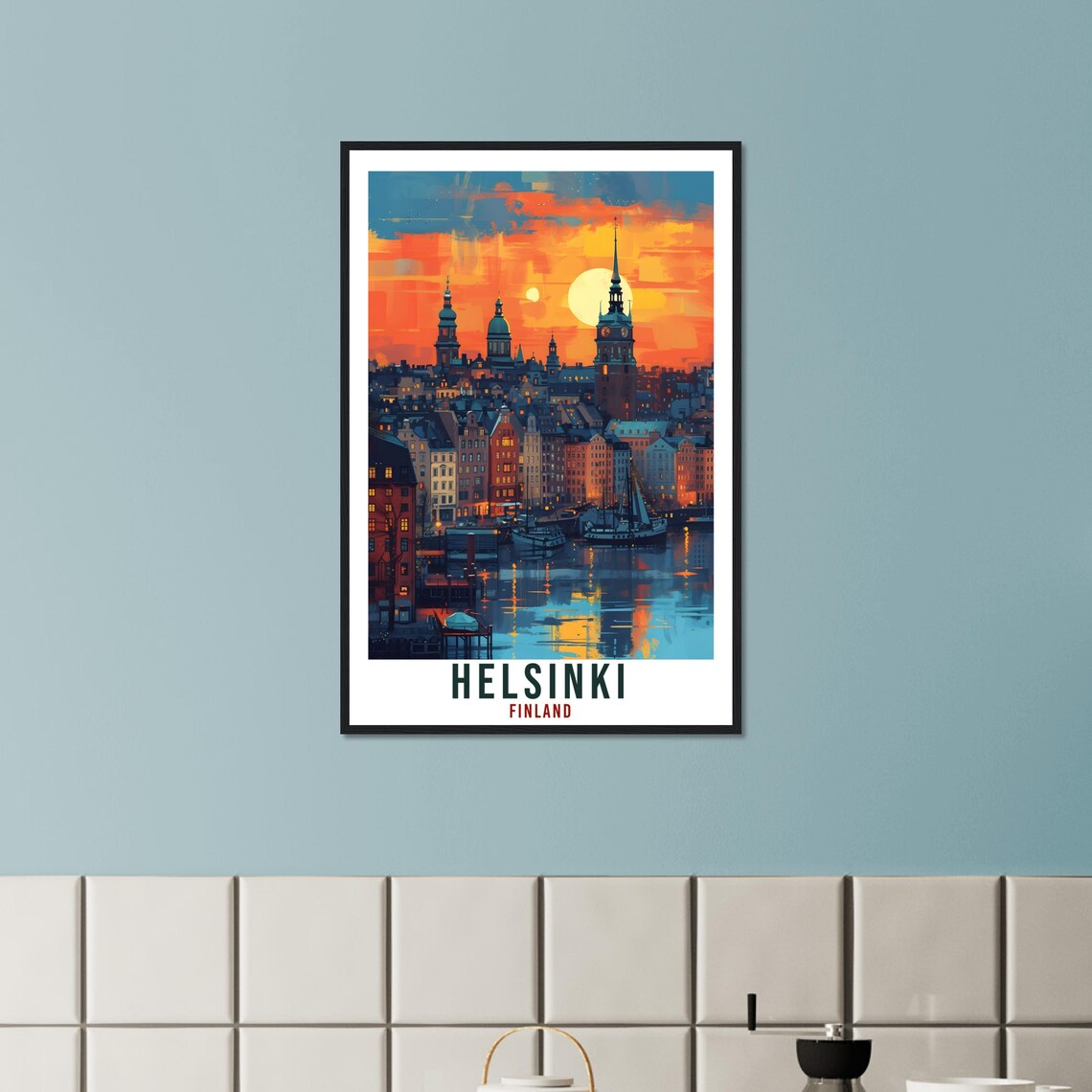Helsinki Finland Sunset Harbor Vintage Travel Illustration Poster - Image 3