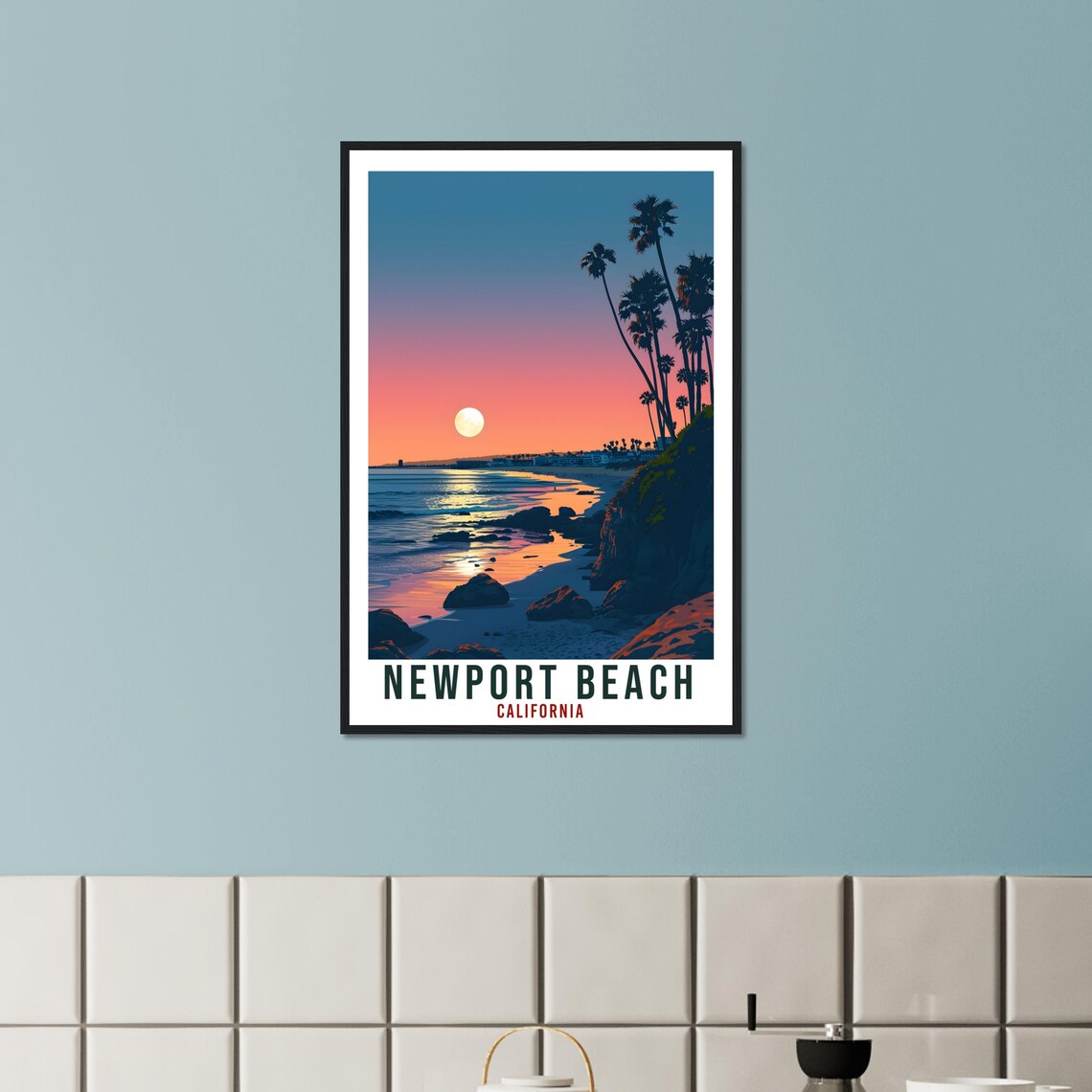 Newport Beach California Sunset Beach Palm Trees Vintage Travel Poster - Image 3