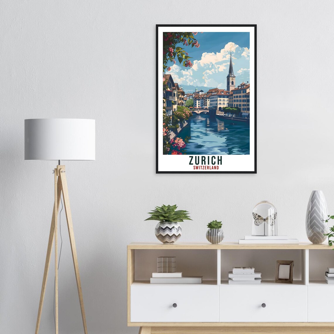 Zurich Switzerland Travel Poster Riverside Old Town Church Spire View - Image 2