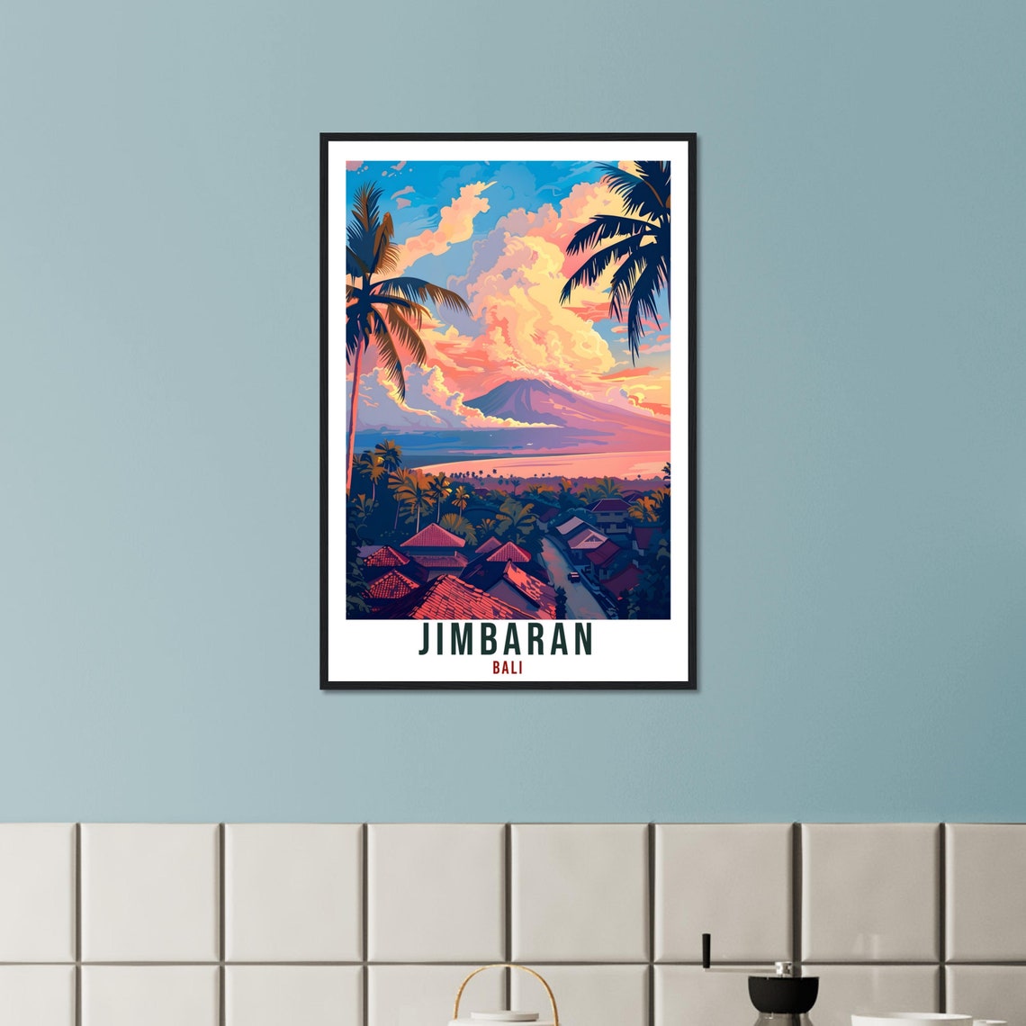 Jimbaran Bali Volcano Sunset Bay Illustrated Vintage Travel Poster - Image 2