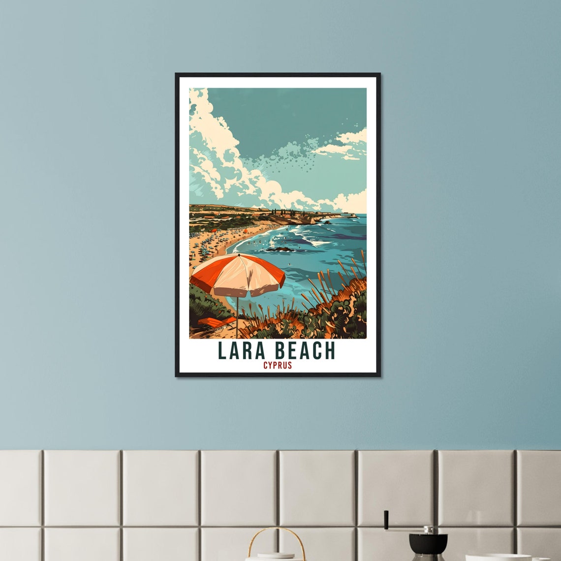 Lara Beach Cyprus Orange Umbrella Cliffs Turquoise Sea Poster - Image 3