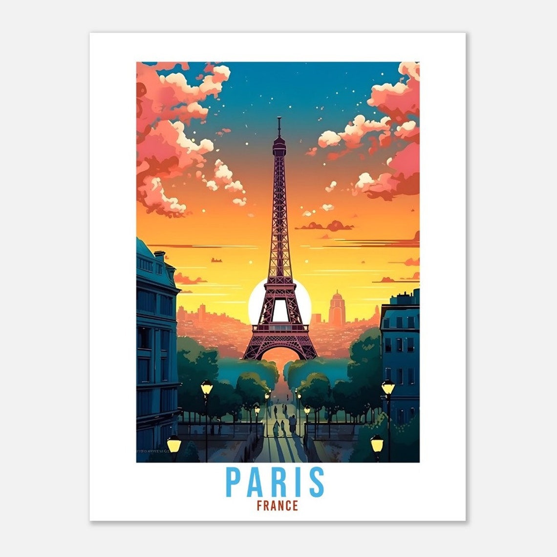 Paris Eiffel Tower Fiery Sunset Skyline France Vintage Travel Poster - Image 2