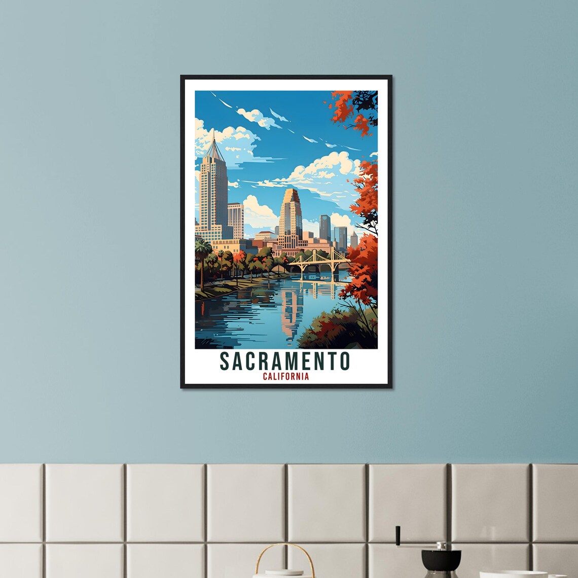 Sacramento California Skyline River Reflection Vintage Travel Poster - Image 4