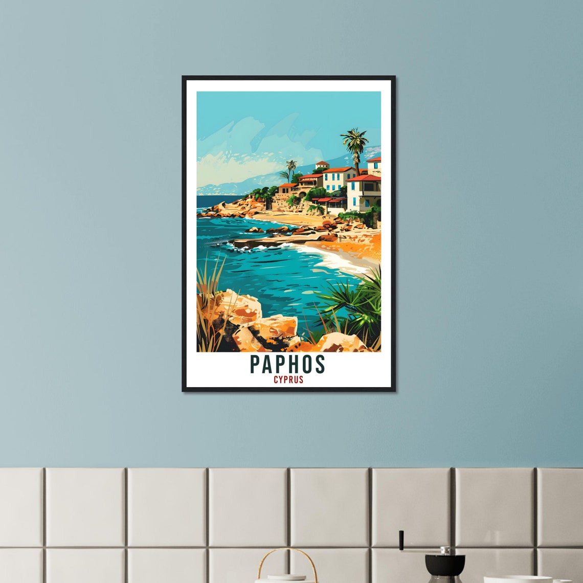 Paphos Cyprus Rocky Cove Village Palms Turquoise Surf Poster - Image 2