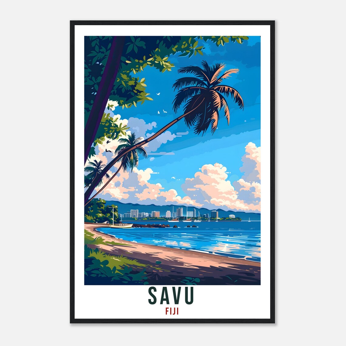 Savu Fiji Tropical Beach Bay Vintage Travel Illustration Poster - Image 4