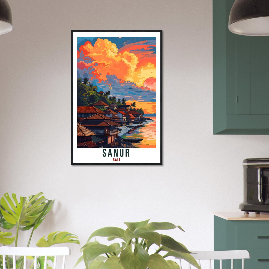 Sanur Bali Sunset Harbor Houses Boats Illustrated Travel Poster - Image 3