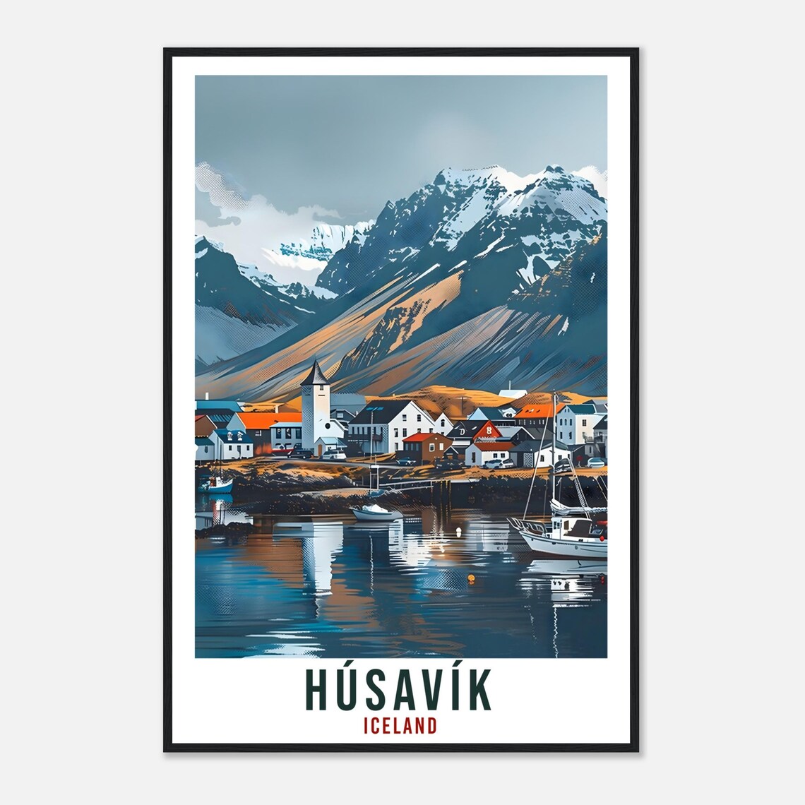 Husavik Iceland Harbor Village Vintage Travel Mountains Boats Poster - Image 4