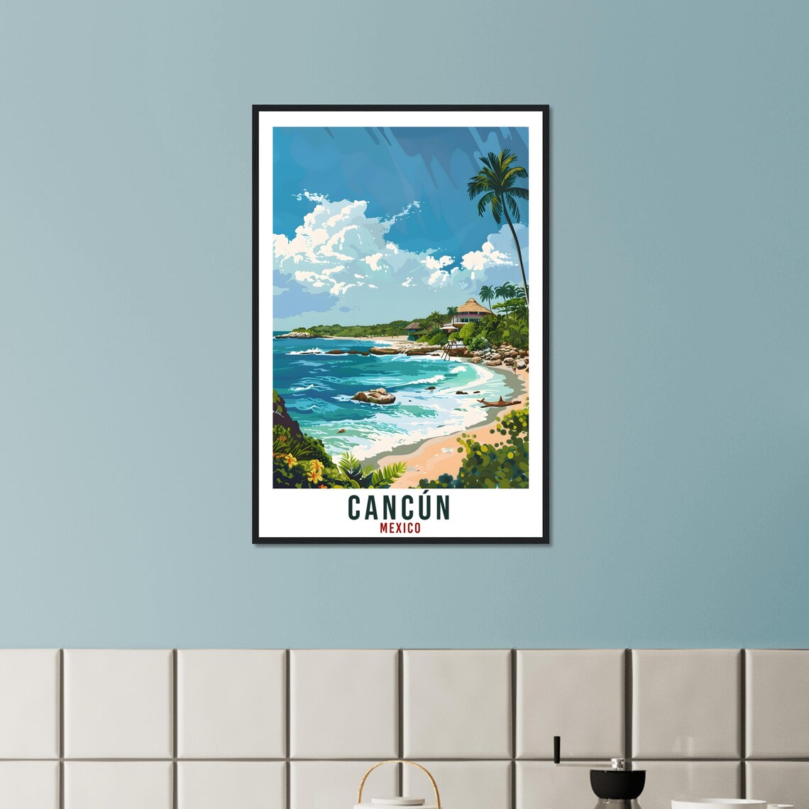 Cancun Mexico Turquoise Cove Sandy Beach Palms Caribbean Travel Poster - Image 2
