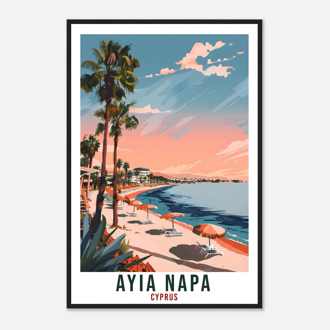 Ayia Napa Cyprus Palm Beach Sunset Umbrellas Pink Sky Travel Poster - Image 4