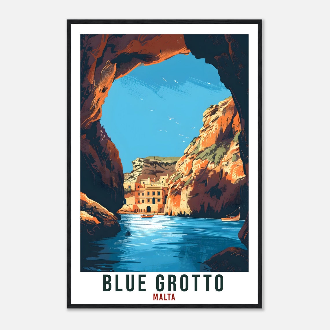 Blue Grotto Malta Sea Cave Vintage Travel Illustration Poster - Image 4