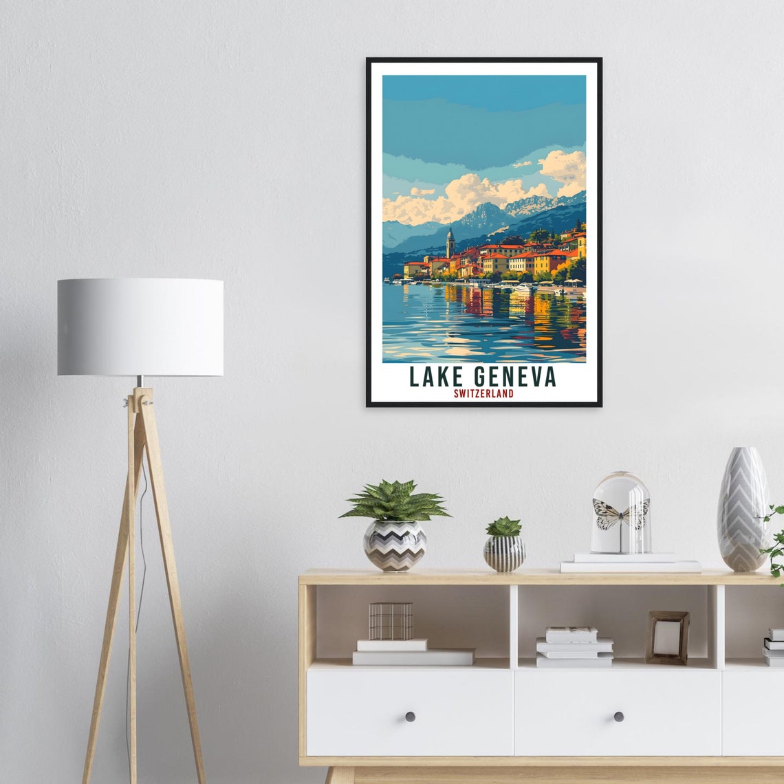 Lake Geneva Switzerland Lakeside Village Boat Reflections Poster - Image 2