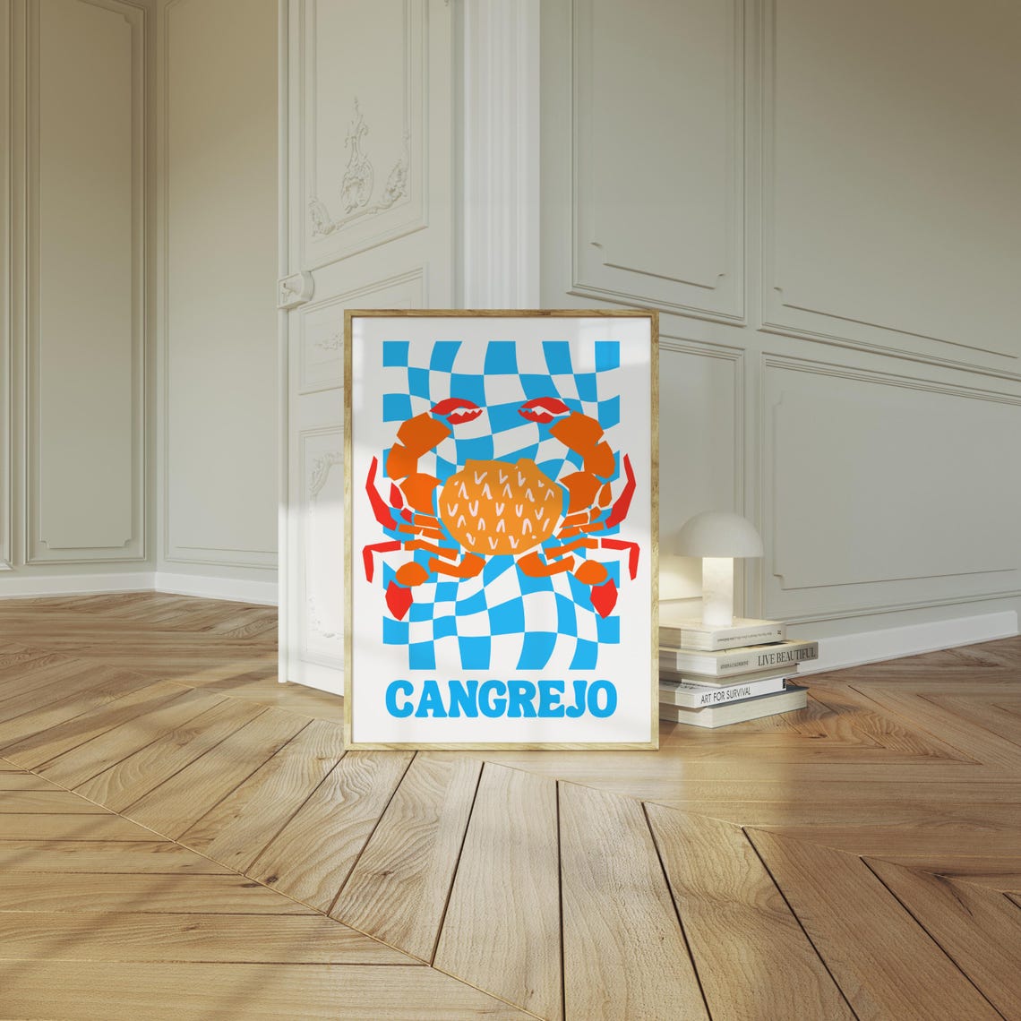 Cangrejo Orange Crab on Blue Checkered Retro Spanish Seafood Poster - Image 2