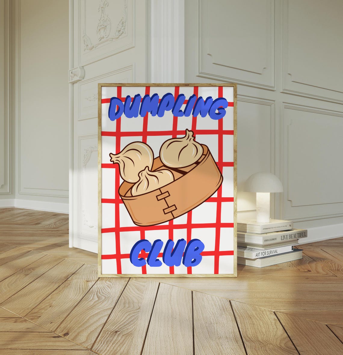 Cute Dumpling Club Poster with Steamer Basket on Red Checkered Grid
