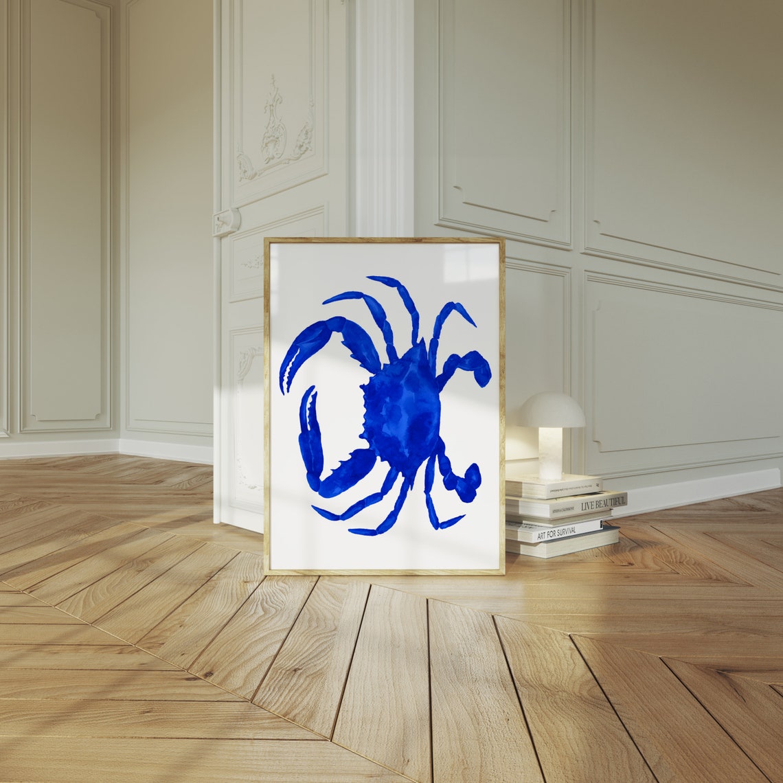 Cobalt Blue Crab Watercolor Minimalist Coastal Seafood Wall Poster - Image 2