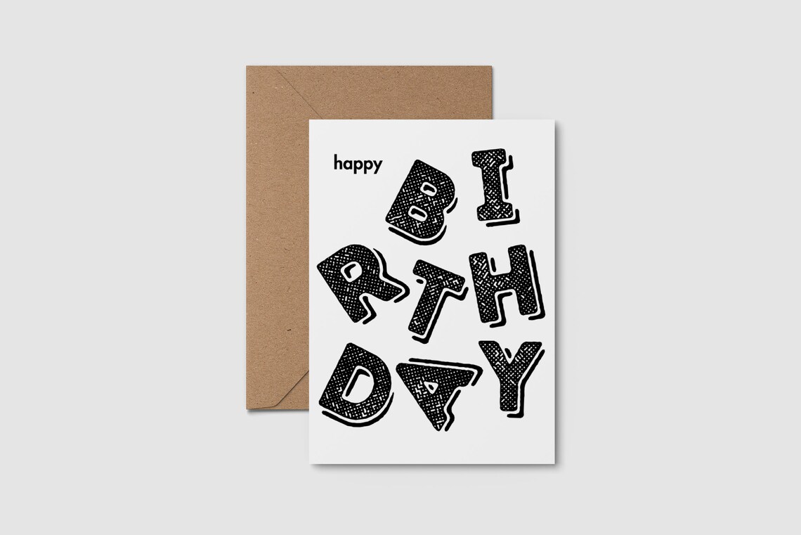 Happy Birthday Scattered Black Block Letter Modern Card Art Print - Image 2