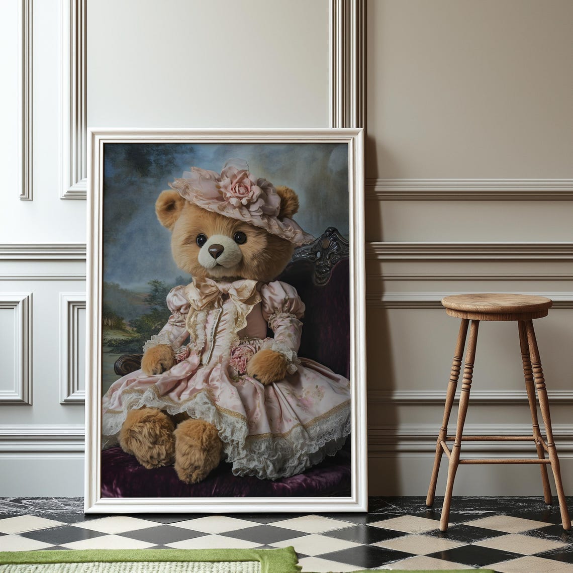Victorian Teddy Bear Portrait, Grandmillennial Nursery Decor