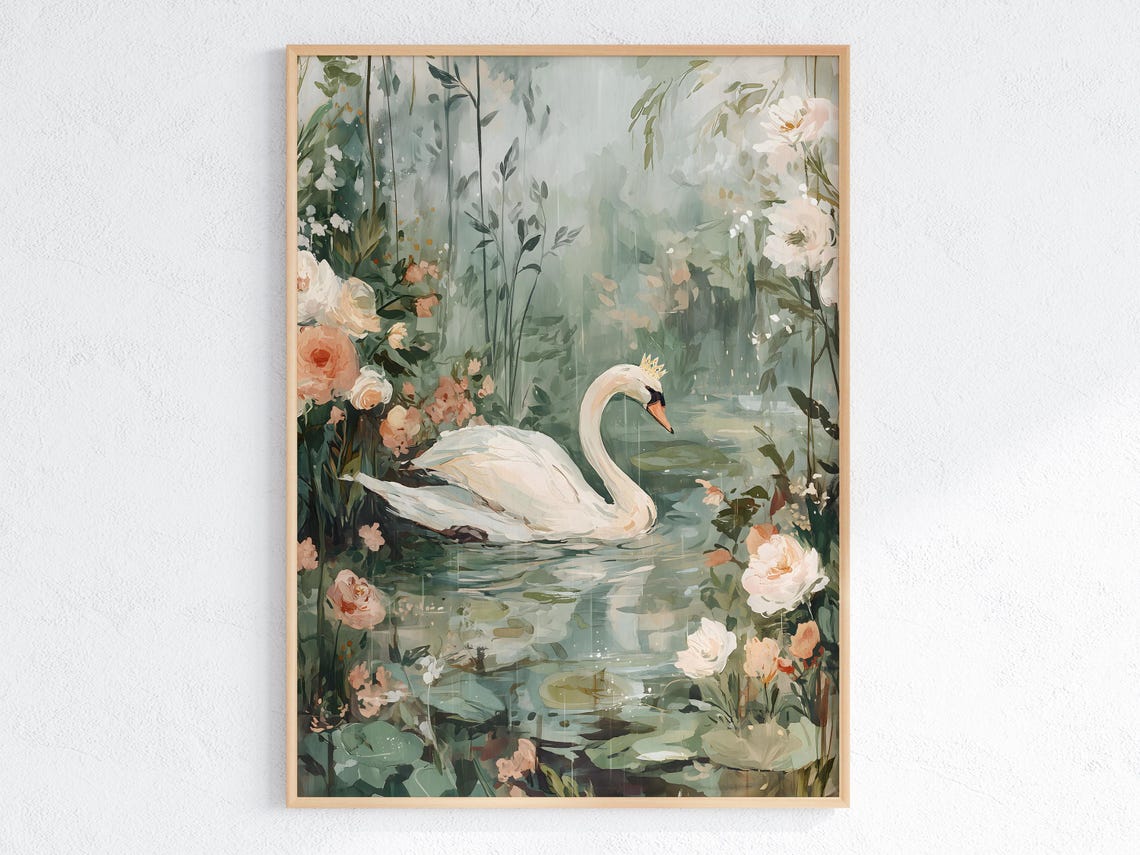 Elegant Swan With Crown, Whimsical Nursery Art