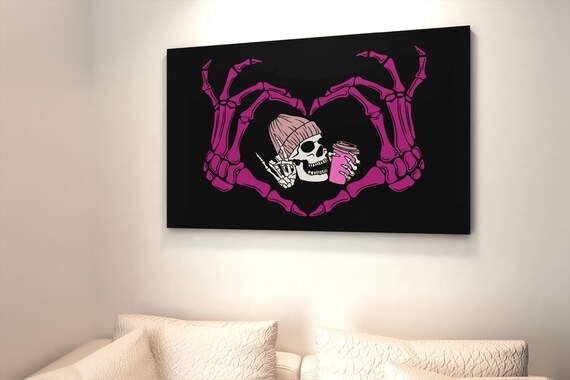Pink Skeleton Hands Heart Skull Coffee Halloween Gothic Poster