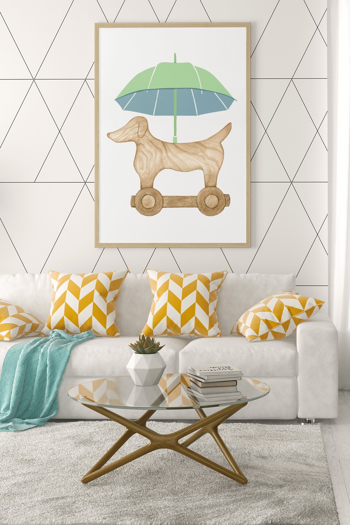 Sweet Wooden Toy Dog Umbrella Watercolor Nursery Kids Room Poster - Image 2