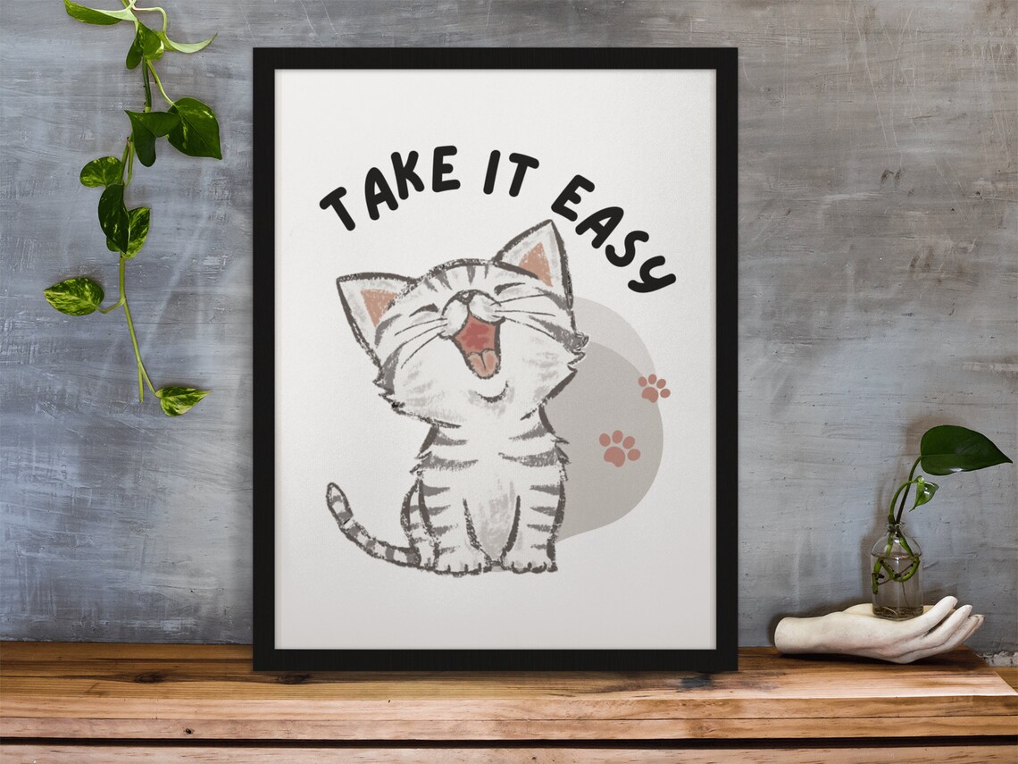 Take It Easy Happy Tabby Cat Illustration Nursery Kids Wall Decor Poster - Image 4