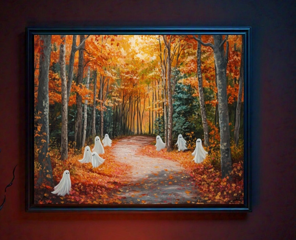 Cute Ghosts Autumn Wall Art Landscape Painting Fall Home Decor Fall Prints Moody Wall Art Forest Wall Art Instant Jpg - Image 2