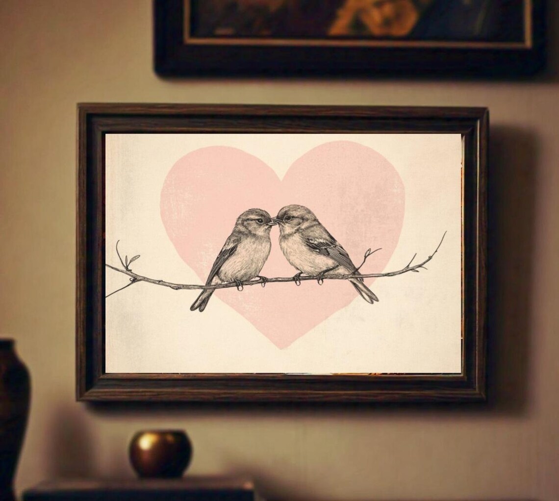 Love Birds Art Print, Vintage Cottage Farmhouse Decor