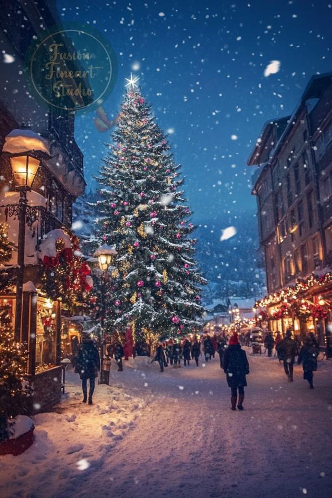 Snowy Christmas Market Street Night Lamplight Tree Crowd Poster - Image 3