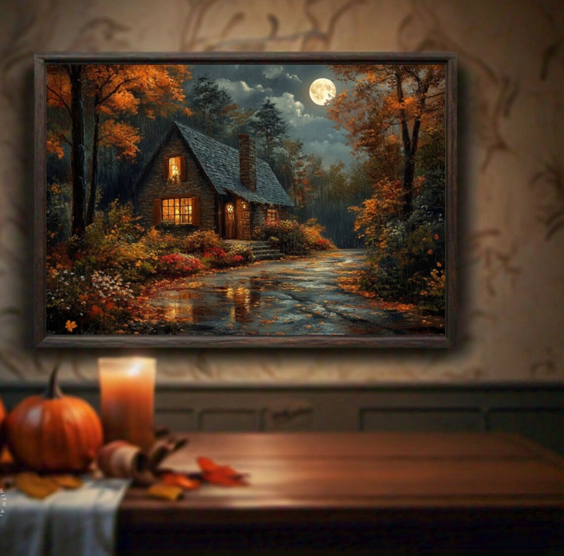 Moonlit Stone Cottage Autumn Forest Night Cozy Cabin Path Poster