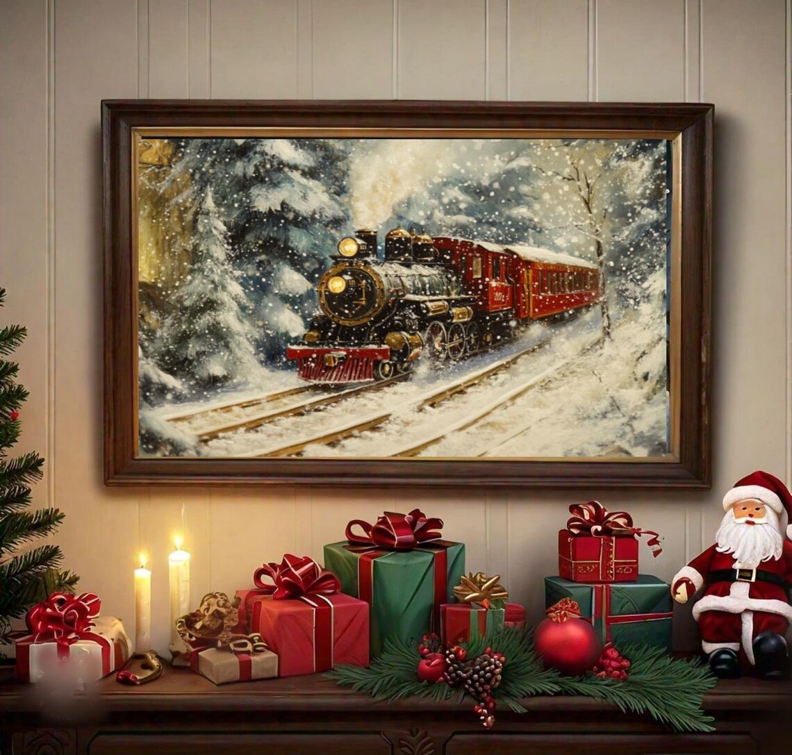 Christmas Train Art Print, Rustic Winter Scene