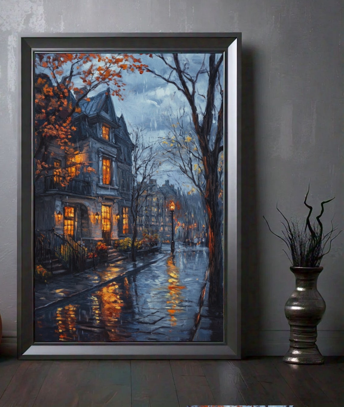 Rainy Autumn Street Victorian Houses Glowing Windows Night Poster