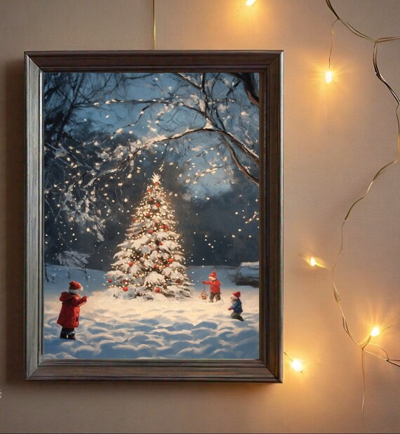 Christmas Tree Print Christmas Wall Art Snowy Winter Print Moody Wall Art Christmas Painting Prints Wall Art