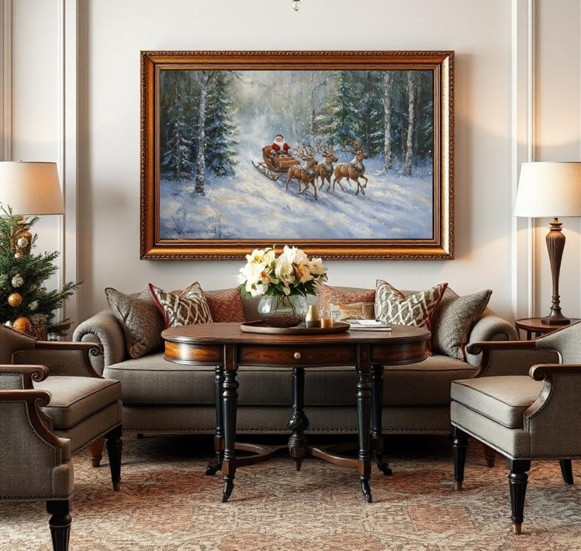 Santa Sleigh Three Reindeer Snowy Birch Forest Winter Poster - Image 2