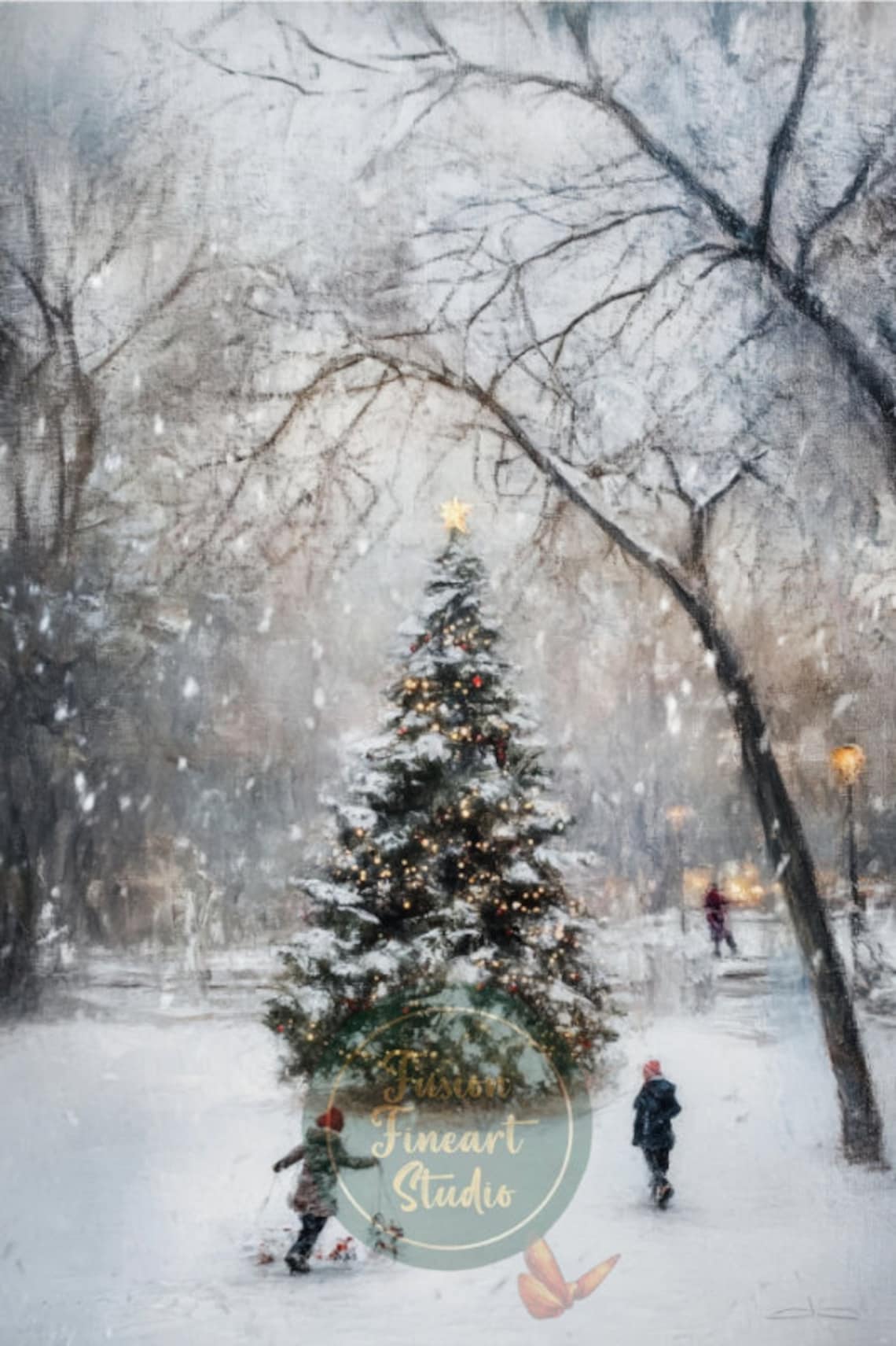 Snowy Park Christmas Tree Children Sledding at Dusk Vintage Poster - Image 3