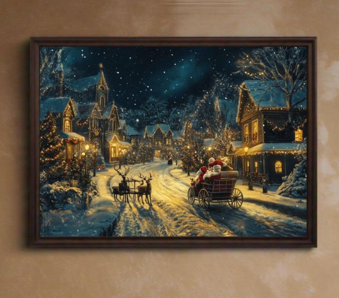 Santa Claus Carriage Reindeer Snowy Village Street Starry Night Poster