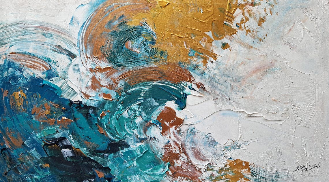 Teal Gold Ocean Wave Swirl Impasto Abstract Original Art Poster - Image 3
