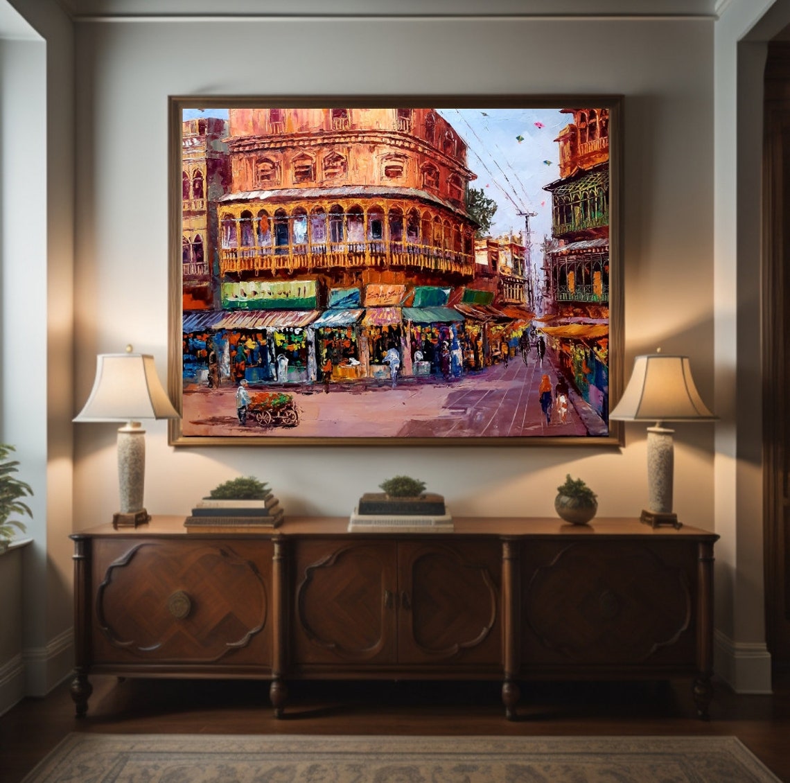 Vibrant Old Bazaar Street Oil Painting Colorful Market Scene Poster - Image 2