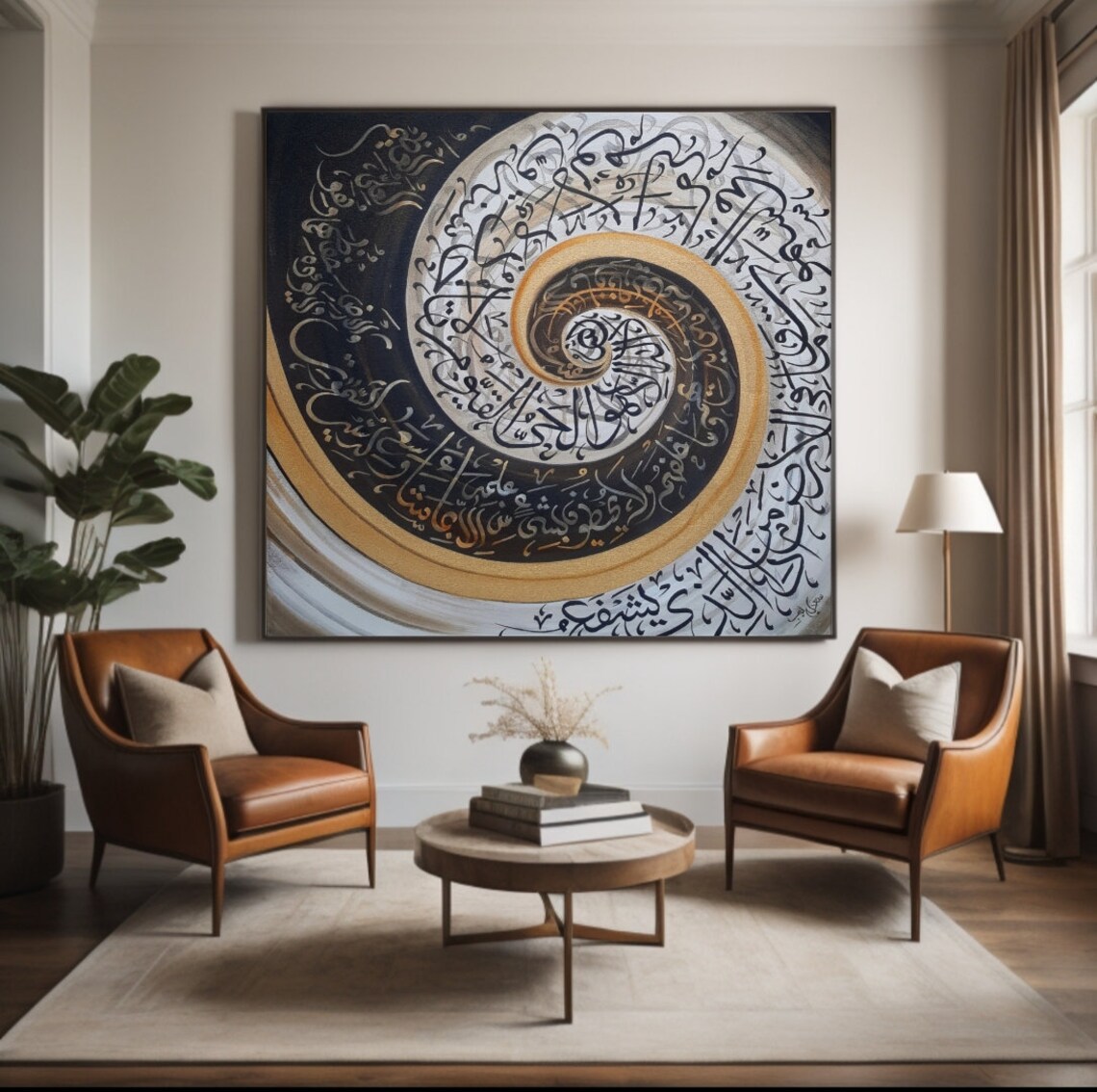 Black White Gold Spiral Calligraphy Vortex Swirl Square Art Poster - Image 2