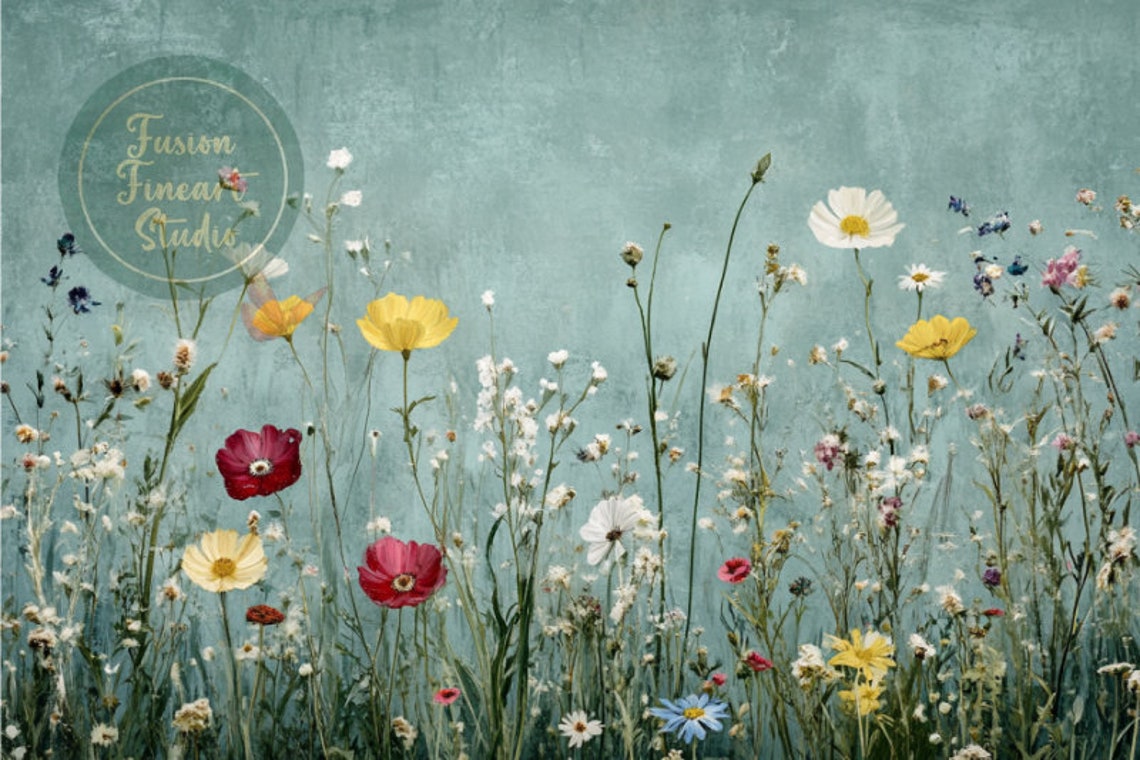 Wildflower Meadow Teal Background Vintage Botanical Painting Poster - Image 3
