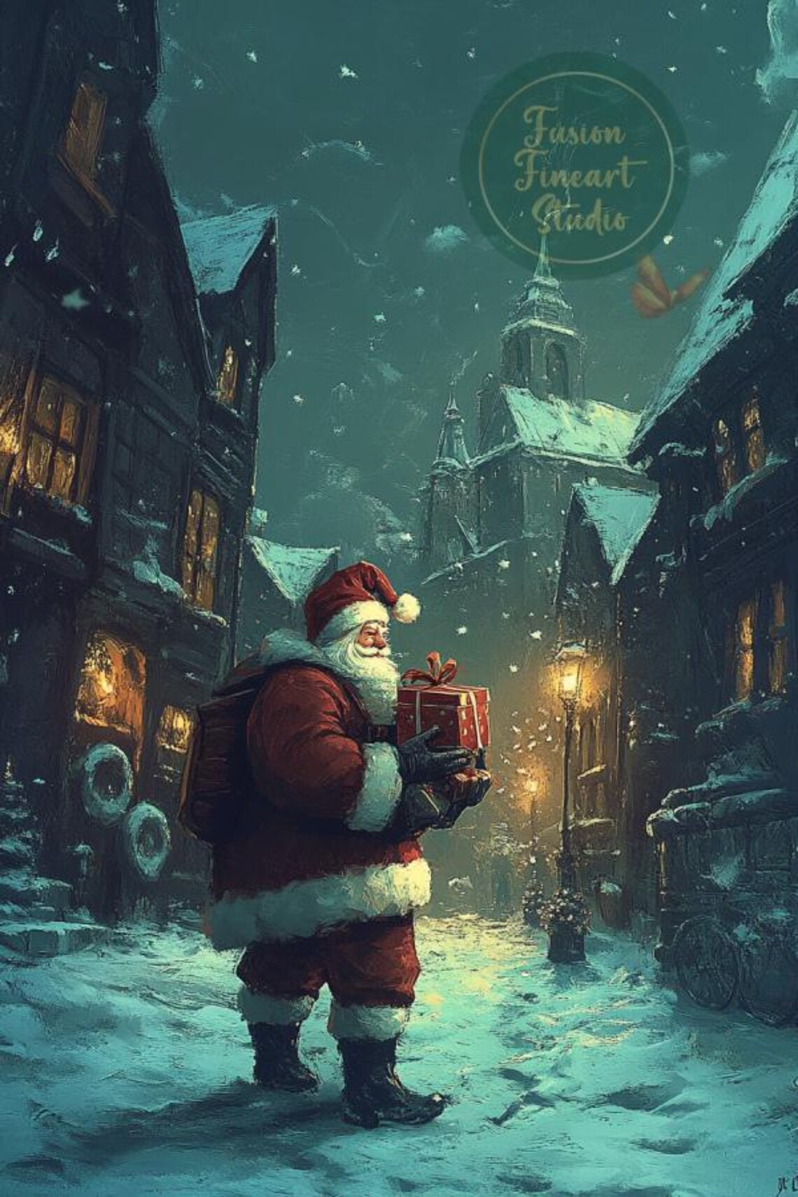 Santa Claus Gifts Snowy Village Street Teal Night Scene Poster - Image 3