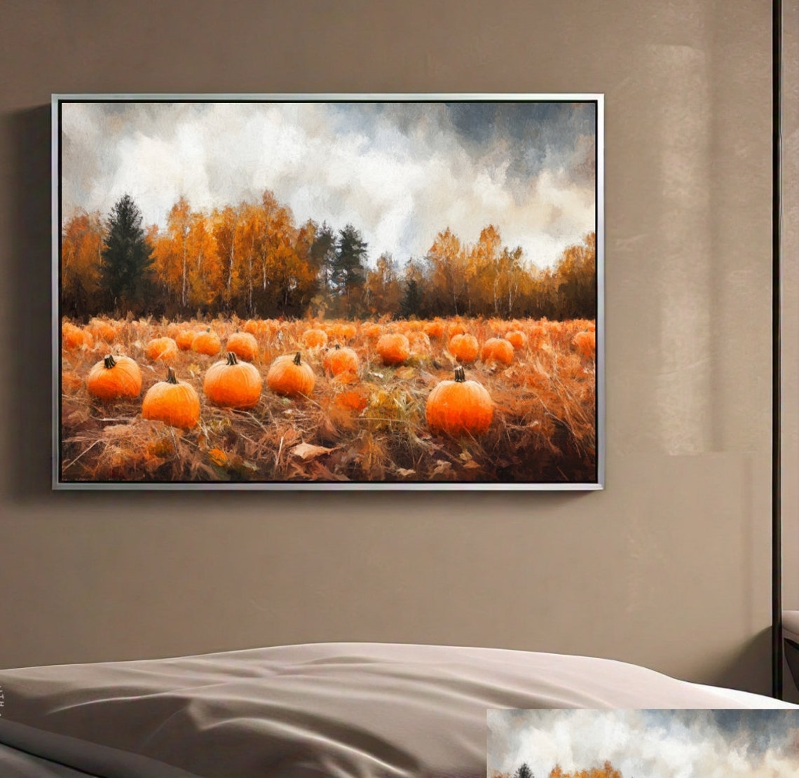 Pumpkin Patch Field Under Moody Autumn Sky Harvest Landscape Poster - Image 2