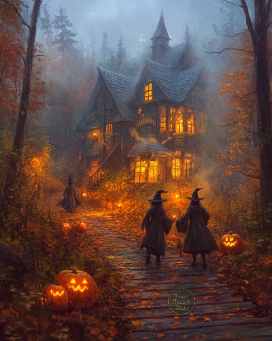 Witches Haunted House Misty Forest Jack O Lantern Halloween Poster - Image 3