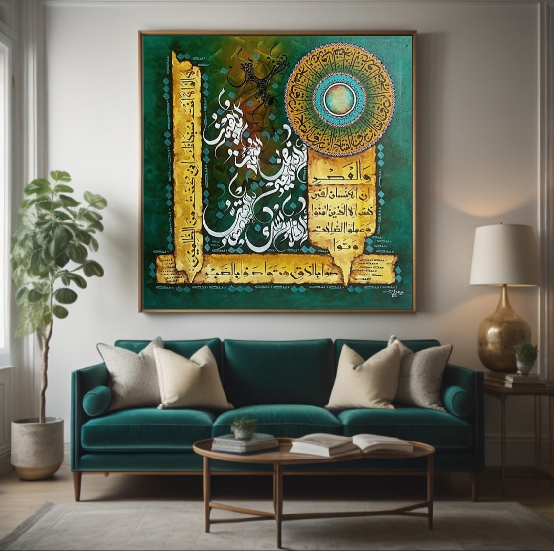 Green and Gold Islamic Calligraphy Sunburst Medallion Poster - Image 3