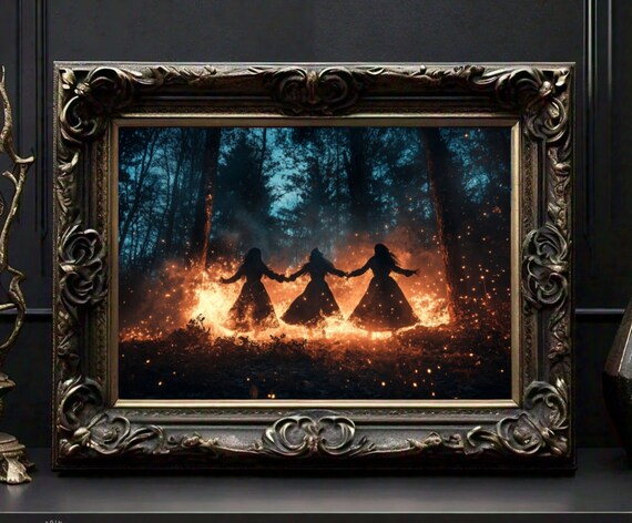 Three Witches Dancing Around Fire in Dark Forest Night Gothic Poster