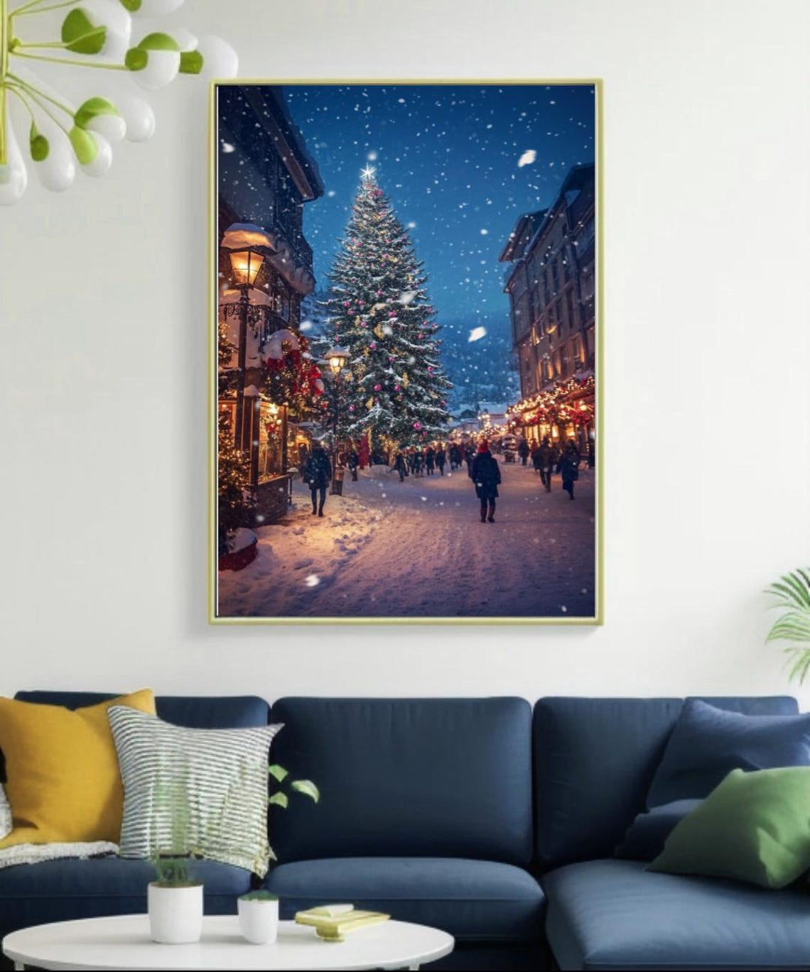 Snowy Christmas Market Street Night Lamplight Tree Crowd Poster