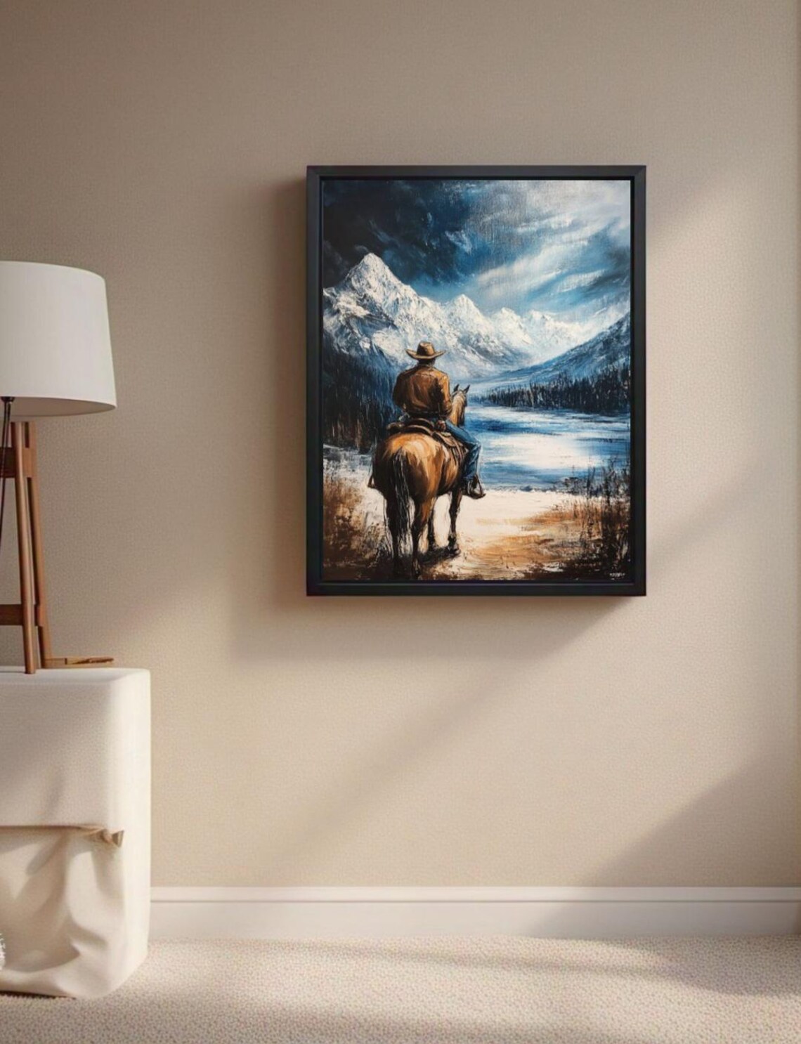 Cowboy Horseback Snowy Mountain Lake Western Frontier Poster - Image 2